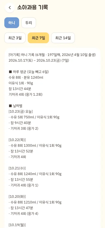 소아과용 기록 화면